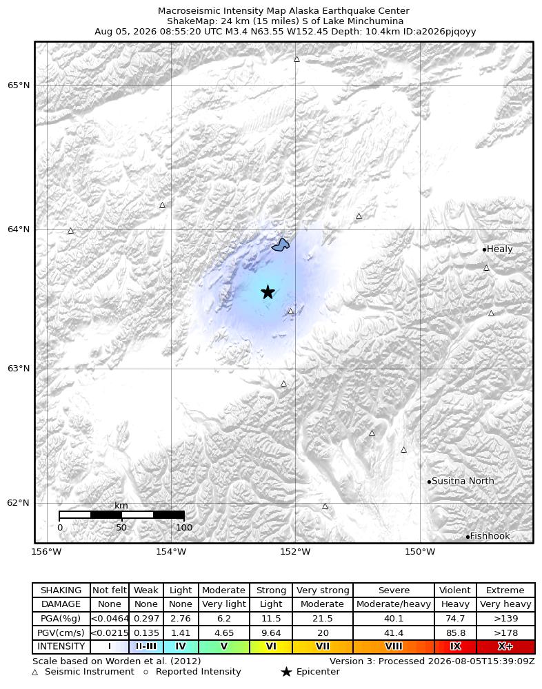 USGS ShakeMap intensity contours for the M3.4 earthquake near 36 km W of Denali National Park, Alaska