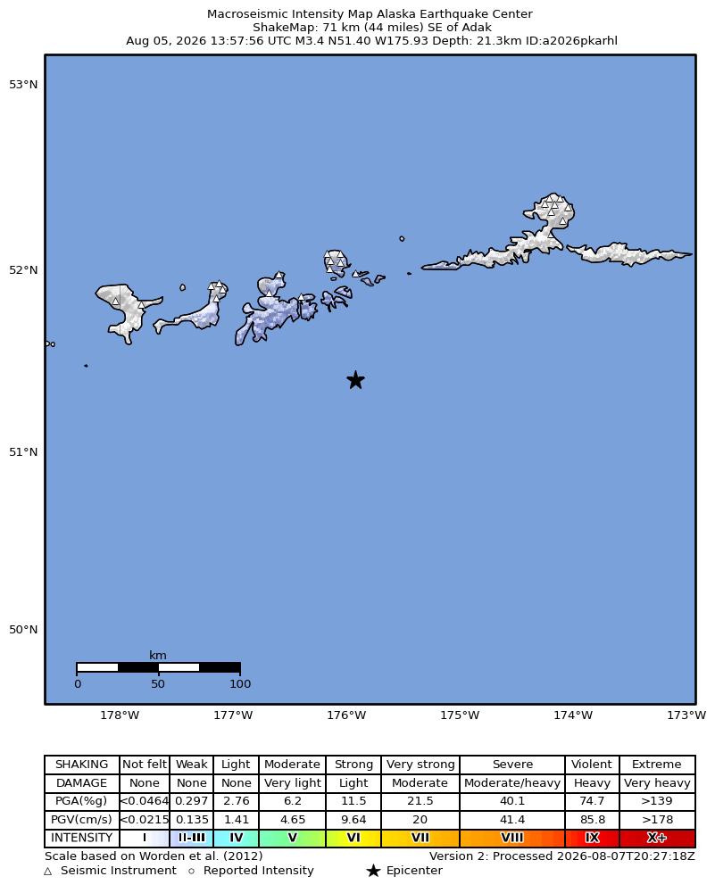USGS ShakeMap intensity contours for the M3.4 earthquake near 71 km SE of Adak, Alaska