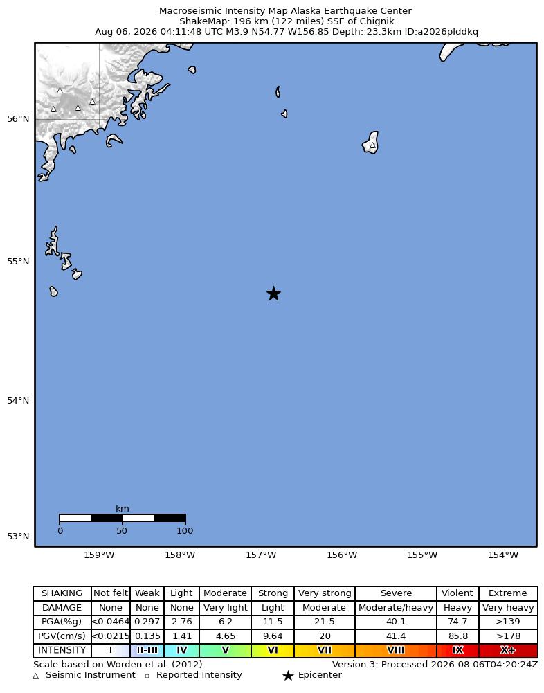 USGS ShakeMap intensity contours for the M3.9 earthquake near 193 km SE of Perryville, Alaska