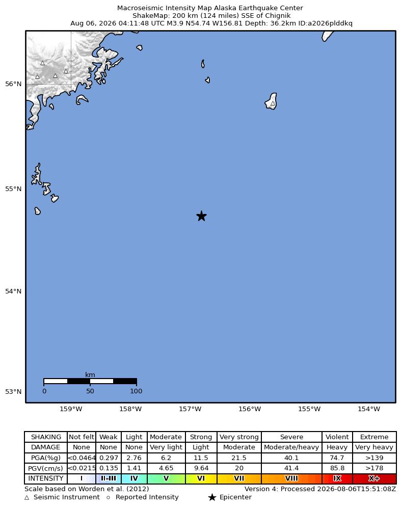USGS ShakeMap intensity contours for the M3.9 earthquake near 197 km SE of Perryville, Alaska