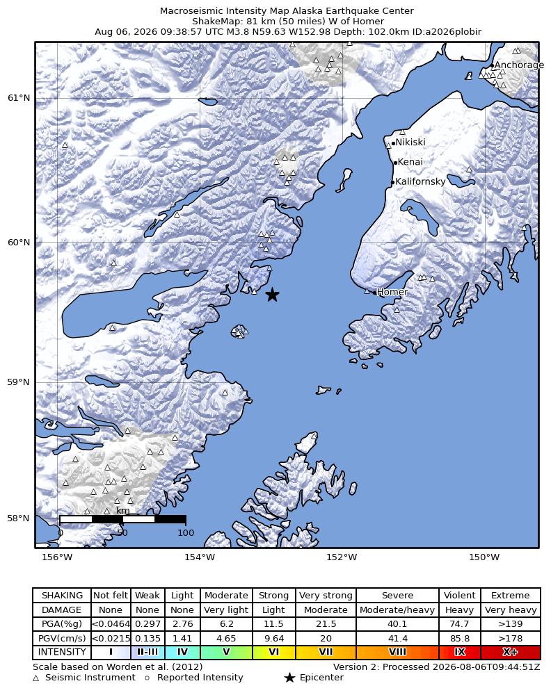 USGS ShakeMap intensity contours for the M3.8 earthquake near 65 km ESE of Pedro Bay, Alaska