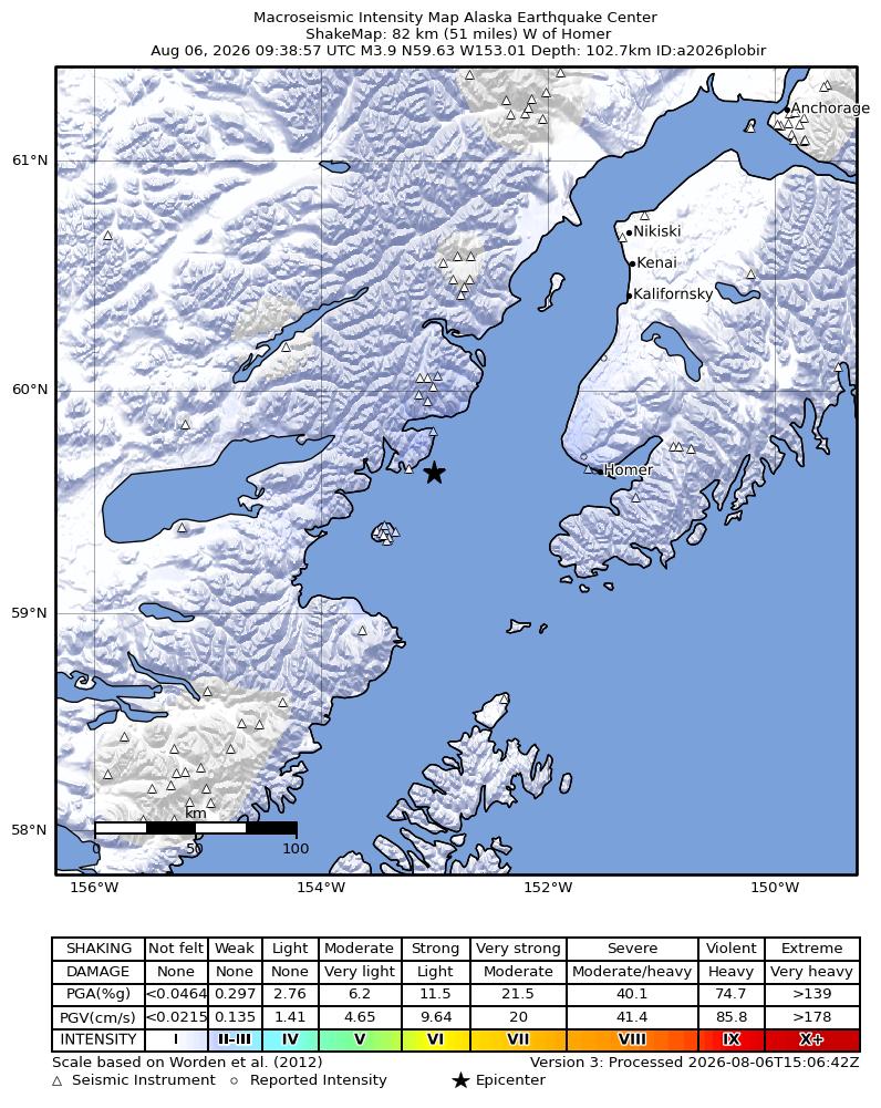 USGS ShakeMap intensity contours for the M3.9 earthquake near 64 km ESE of Pedro Bay, Alaska