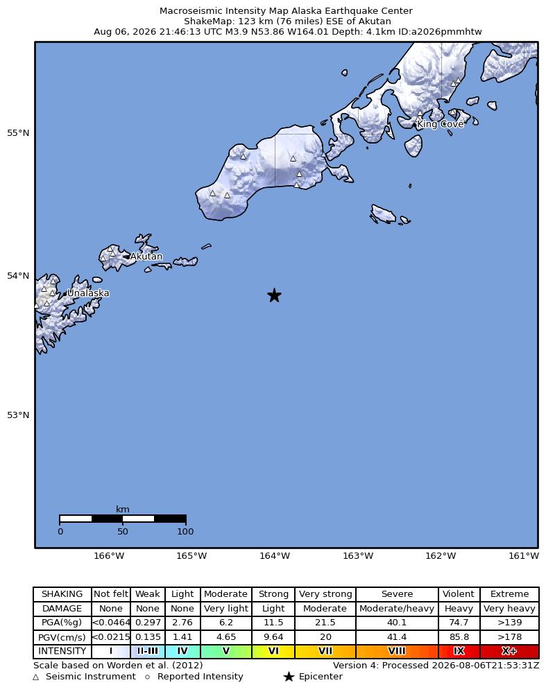 USGS ShakeMap intensity contours for the M3.5 earthquake near 109 km SSW of False Pass, Alaska