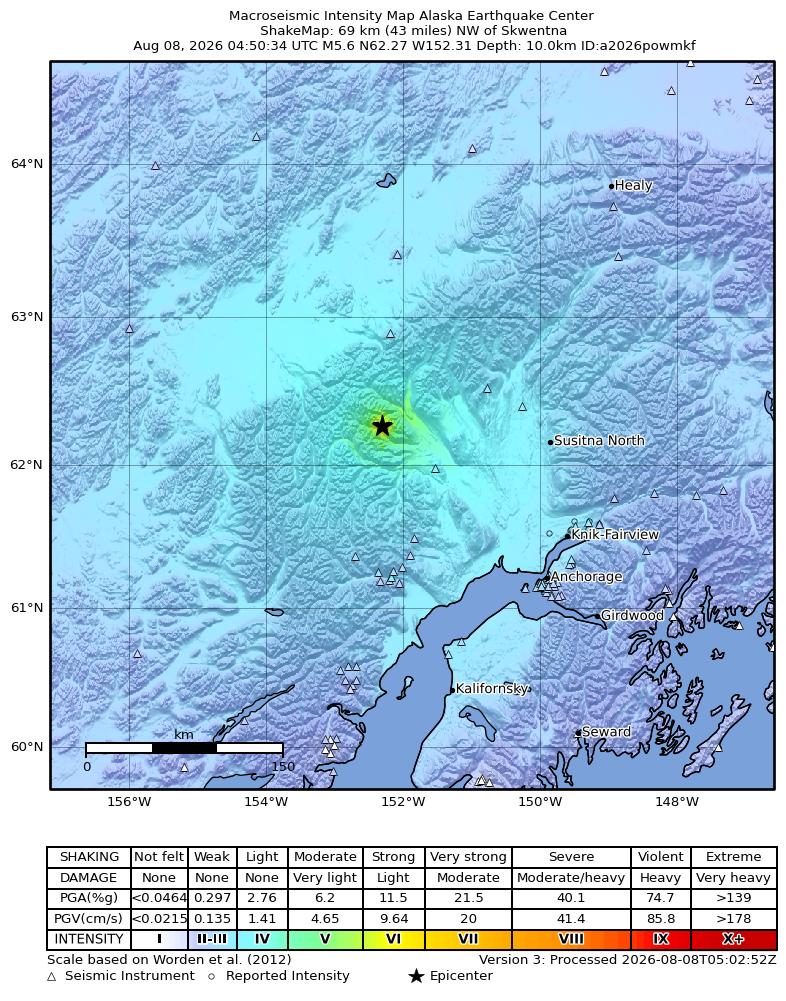 USGS ShakeMap intensity contours for the M5.6 earthquake near 57 km WNW of Skwentna, Alaska