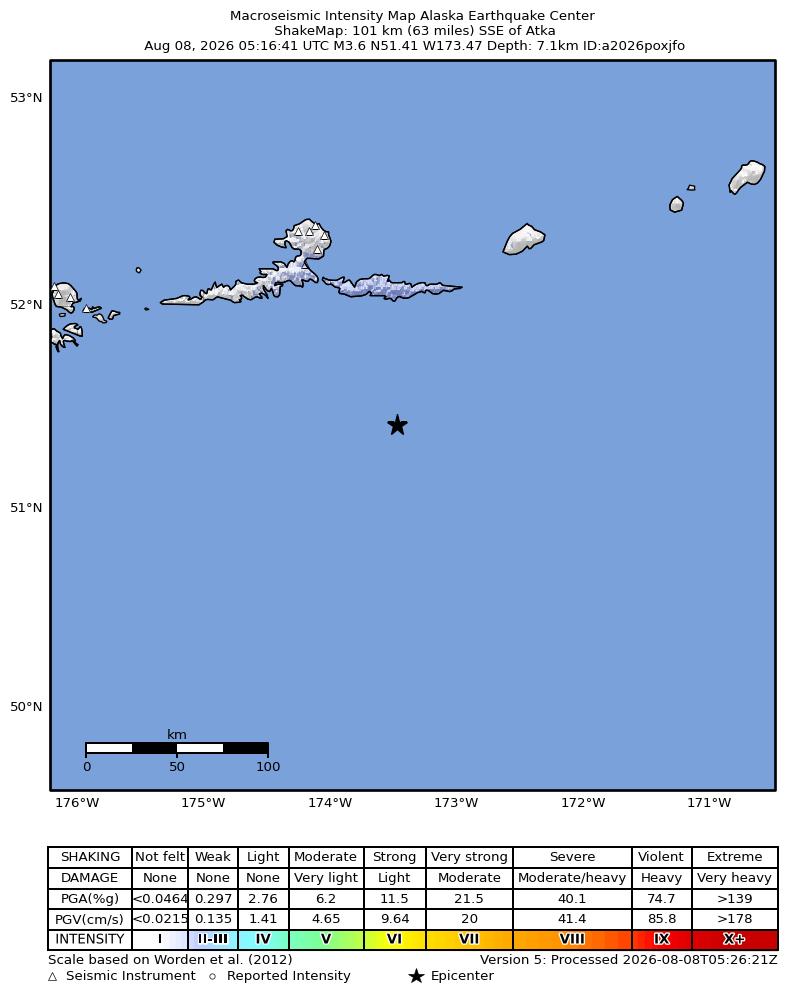 USGS ShakeMap intensity contours for the M3.6 earthquake near 100 km SSE of Atka, Alaska
