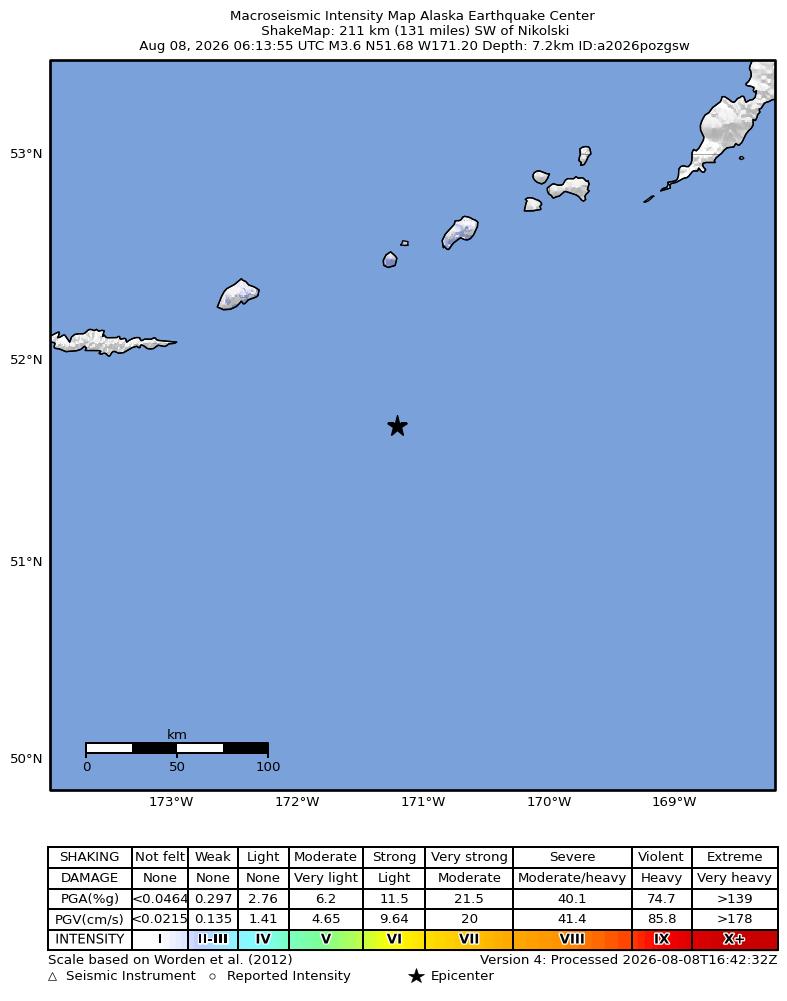 USGS ShakeMap intensity contours for the M3.6 earthquake near 212 km SW of Nikolski, Alaska
