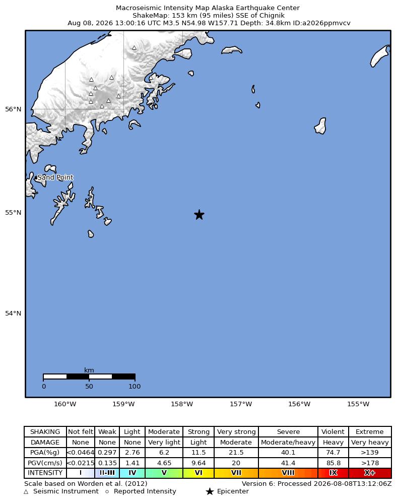 USGS ShakeMap intensity contours for the M3.5 earthquake near 138 km SE of Perryville, Alaska