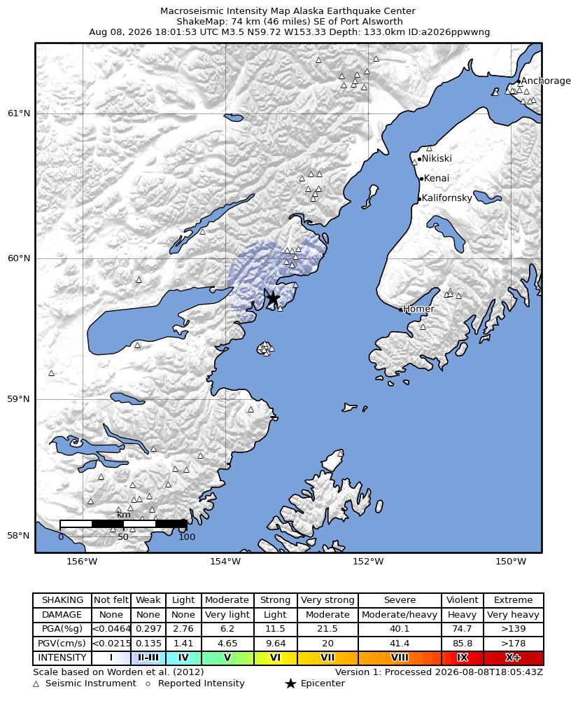USGS ShakeMap intensity contours for the M3.2 earthquake near 45 km ESE of Pedro Bay, Alaska