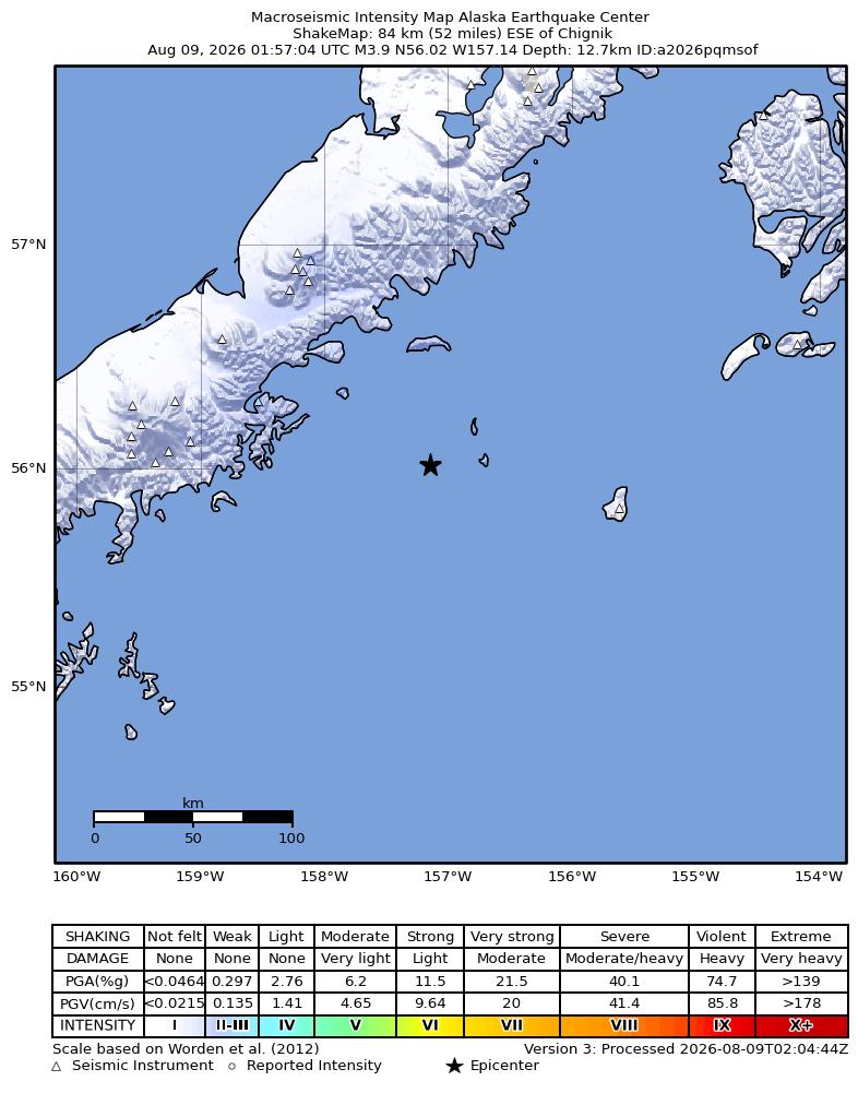 USGS ShakeMap intensity contours for the M3.9 earthquake near 84 km ESE of Chignik, Alaska