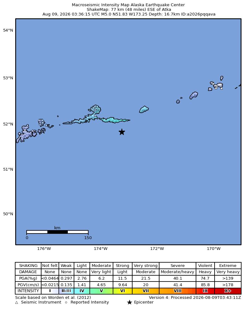 USGS ShakeMap intensity contours for the M4.9 earthquake near 68 km ESE of Atka, Alaska