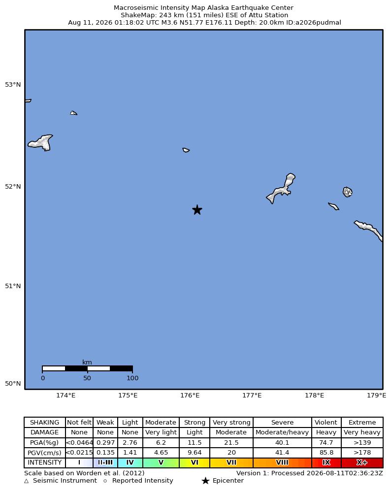 USGS ShakeMap intensity contours for the M3.4 earthquake near 232 km ESE of Attu Station, Alaska