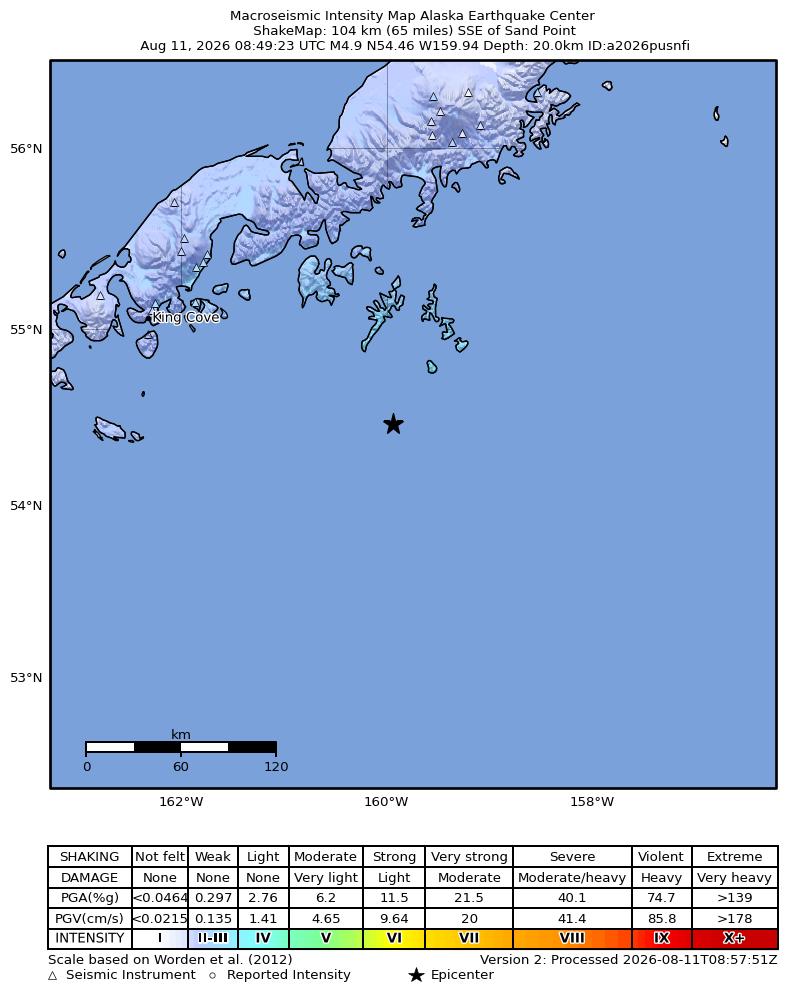 USGS ShakeMap intensity contours for the M4.6 earthquake near 99 km SSE of Sand Point, Alaska