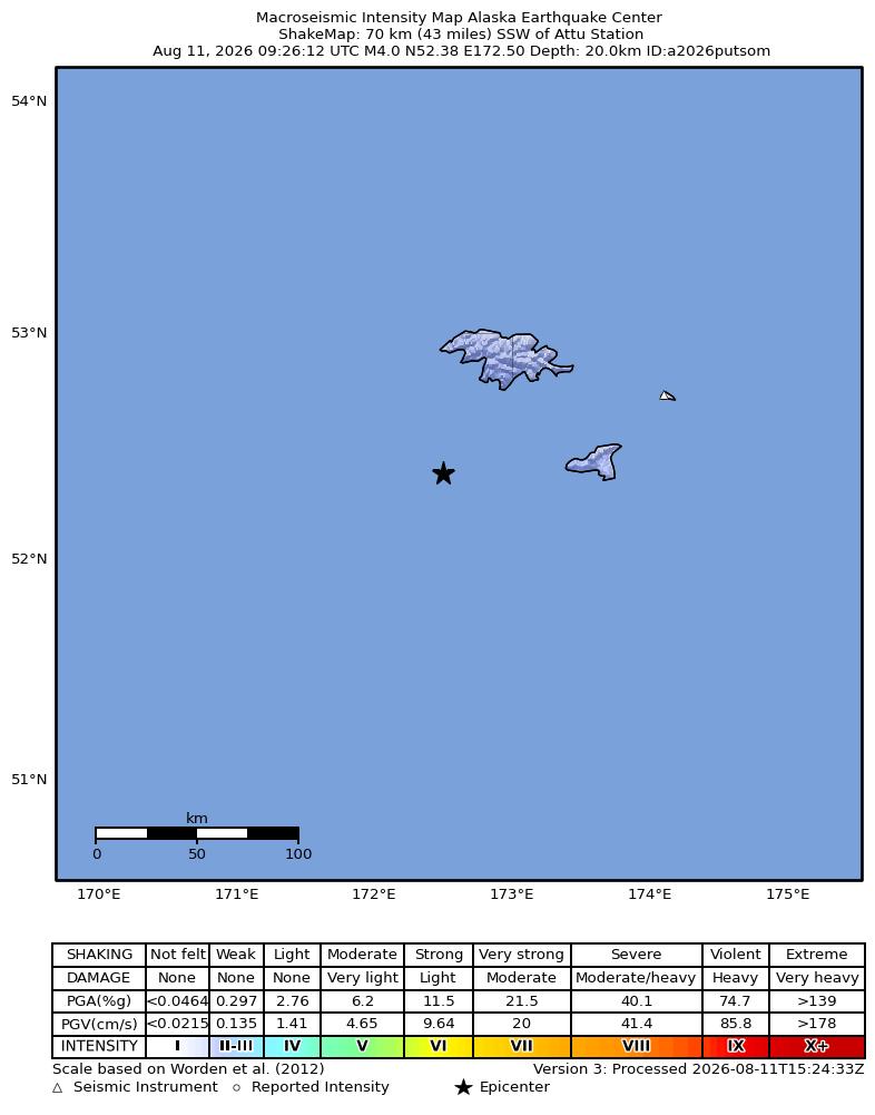 USGS ShakeMap intensity contours for the M4.0 earthquake near 69 km SW of Attu Station, Alaska