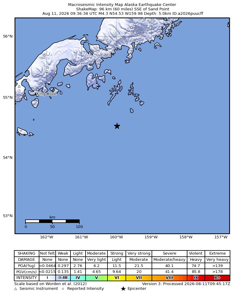 USGS ShakeMap intensity contours for the M4.4 earthquake near 98 km SSE of Sand Point, Alaska