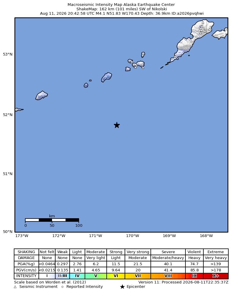 USGS ShakeMap intensity contours for the M4.1 earthquake near 163 km SW of Nikolski, Alaska