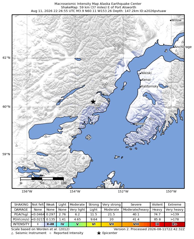 USGS ShakeMap intensity contours for the M3.9 earthquake near 59 km NE of Pedro Bay, Alaska