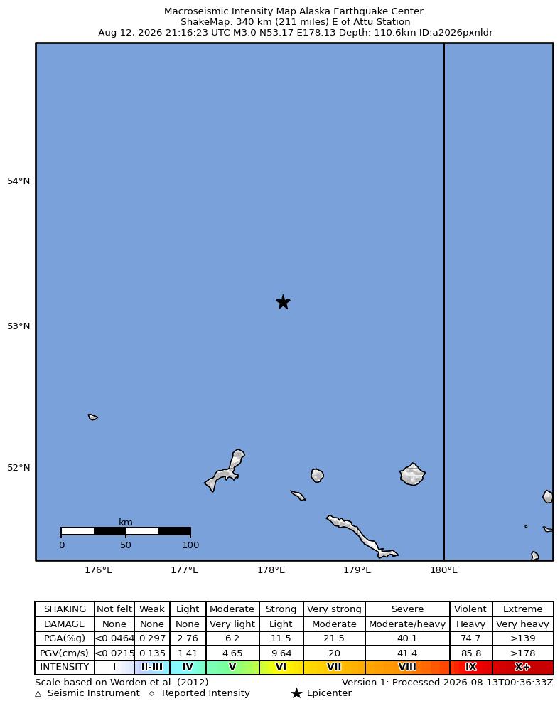 USGS ShakeMap intensity contours for the M3.0 earthquake near Rat Islands, Aleutian Islands, Alaska