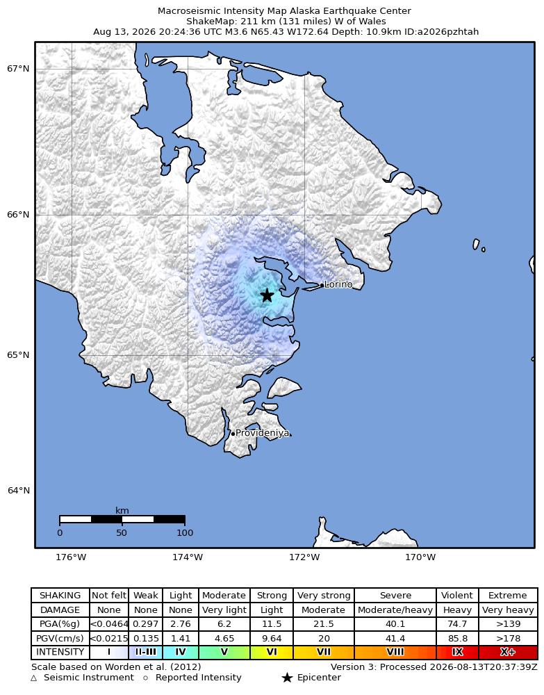 USGS ShakeMap intensity contours for the M3.6 earthquake near 44 km WSW of Lorino, Russia