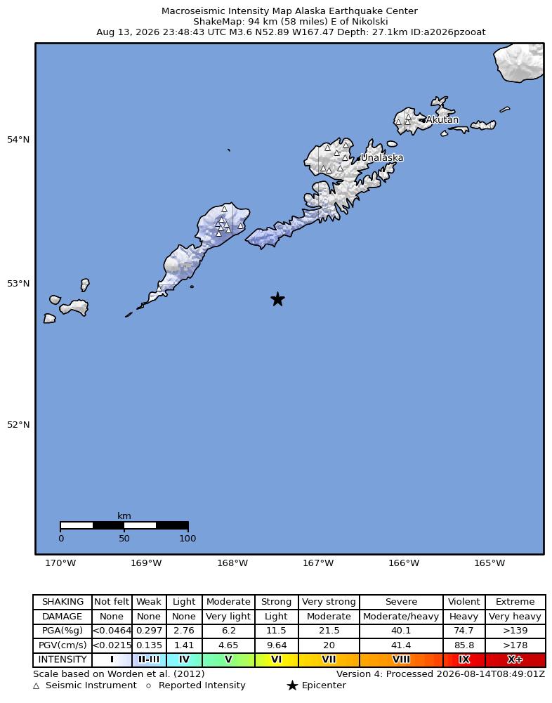 USGS ShakeMap intensity contours for the M3.6 earthquake near 93 km E of Nikolski, Alaska