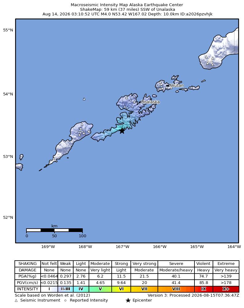 USGS ShakeMap intensity contours for the M4.0 earthquake near 60 km SSW of Unalaska, Alaska