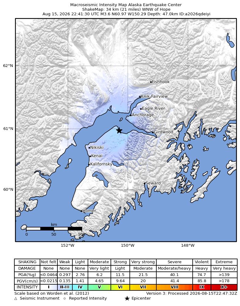 USGS ShakeMap intensity contours for the M3.6 earthquake near 22 km ENE of Point Possession, Alaska