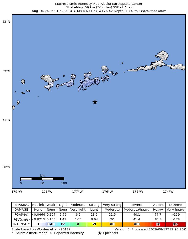 USGS ShakeMap intensity contours for the M3.4 earthquake near 57 km SSE of Adak, Alaska