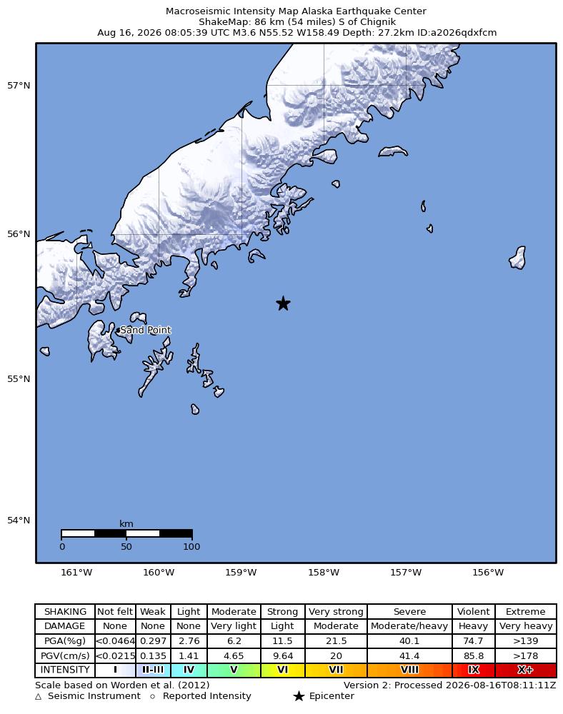 USGS ShakeMap intensity contours for the M3.6 earthquake near 59 km SE of Perryville, Alaska