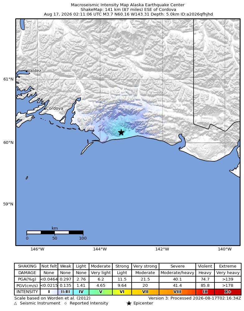 USGS ShakeMap intensity contours for the M3.7 earthquake near 141 km ESE of Cordova, Alaska
