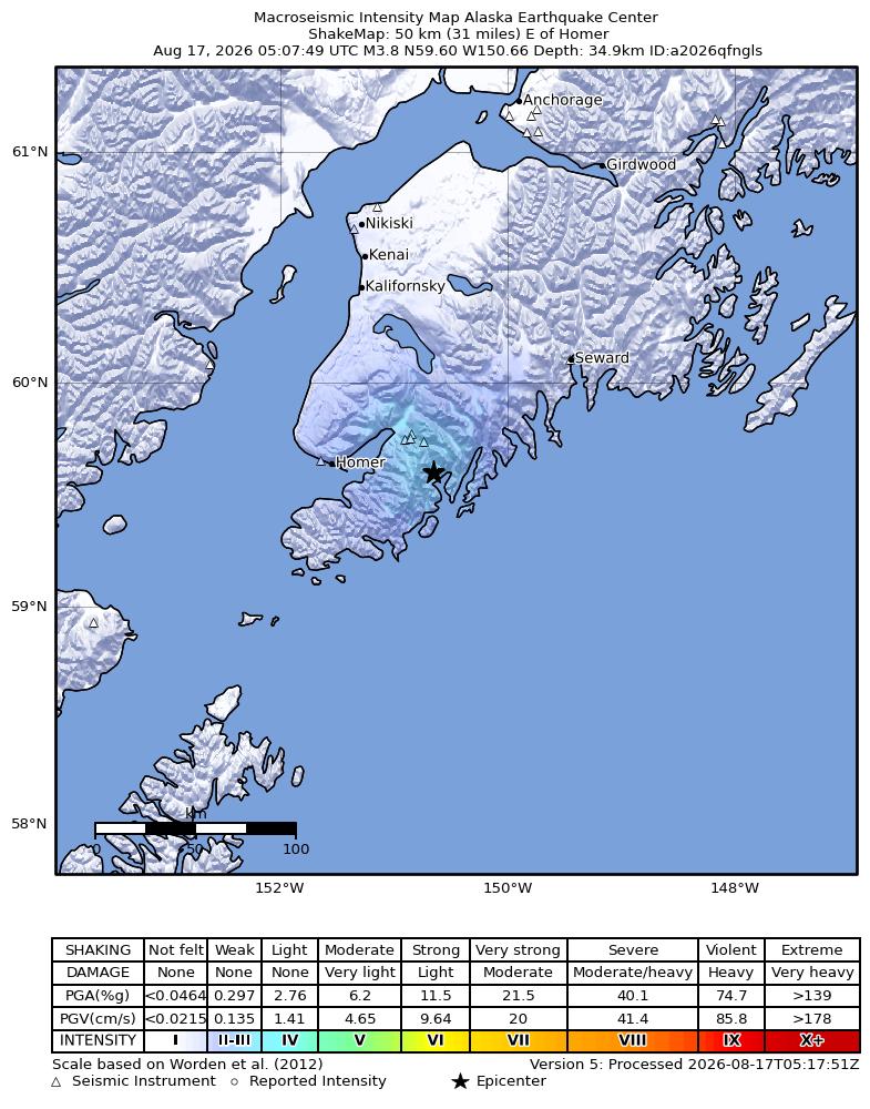 USGS ShakeMap intensity contours for the M3.8 earthquake near 32 km E of Halibut Cove, Alaska