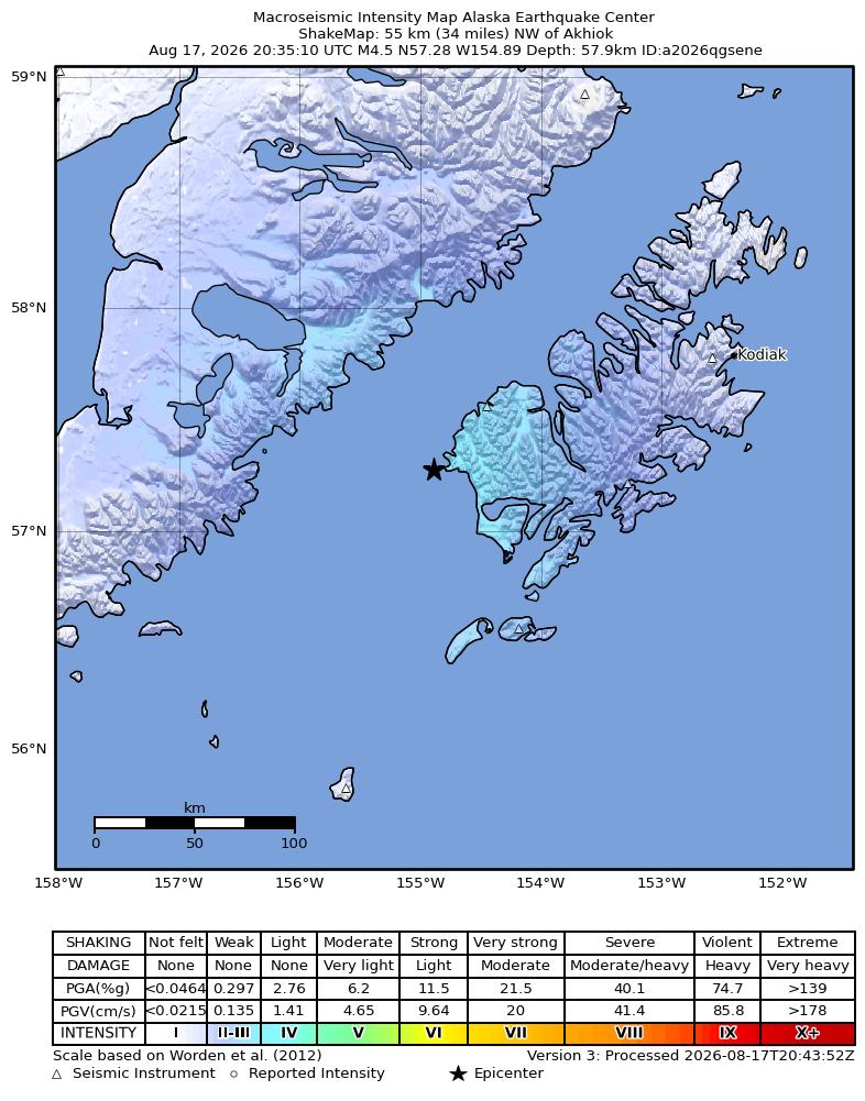 USGS ShakeMap intensity contours for the M4.5 earthquake near 41 km SW of Karluk, Alaska