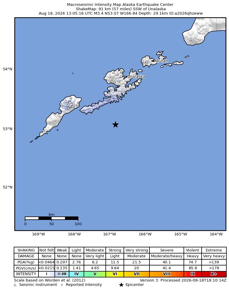 USGS ShakeMap intensity contours for the M3.4 earthquake near 87 km SSW of Unalaska, Alaska
