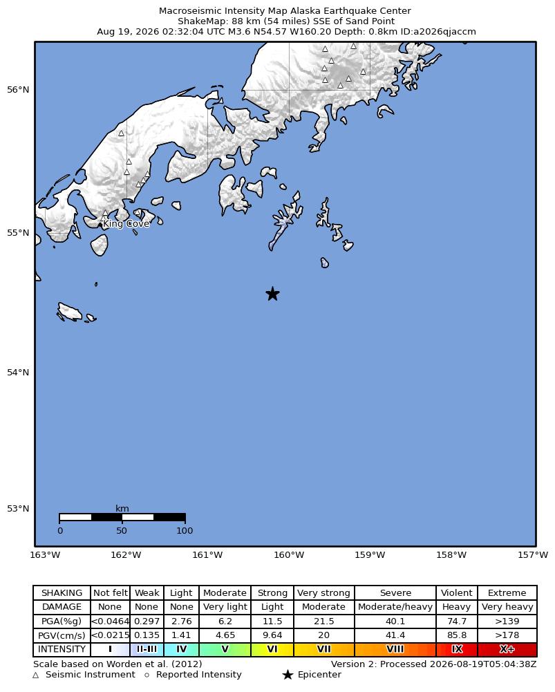 USGS ShakeMap intensity contours for the M3.6 earthquake near 87 km SSE of Sand Point, Alaska