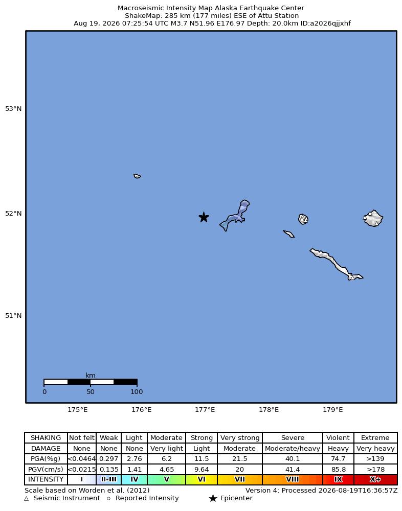 USGS ShakeMap intensity contours for the M3.7 earthquake near 275 km ESE of Attu Station, Alaska