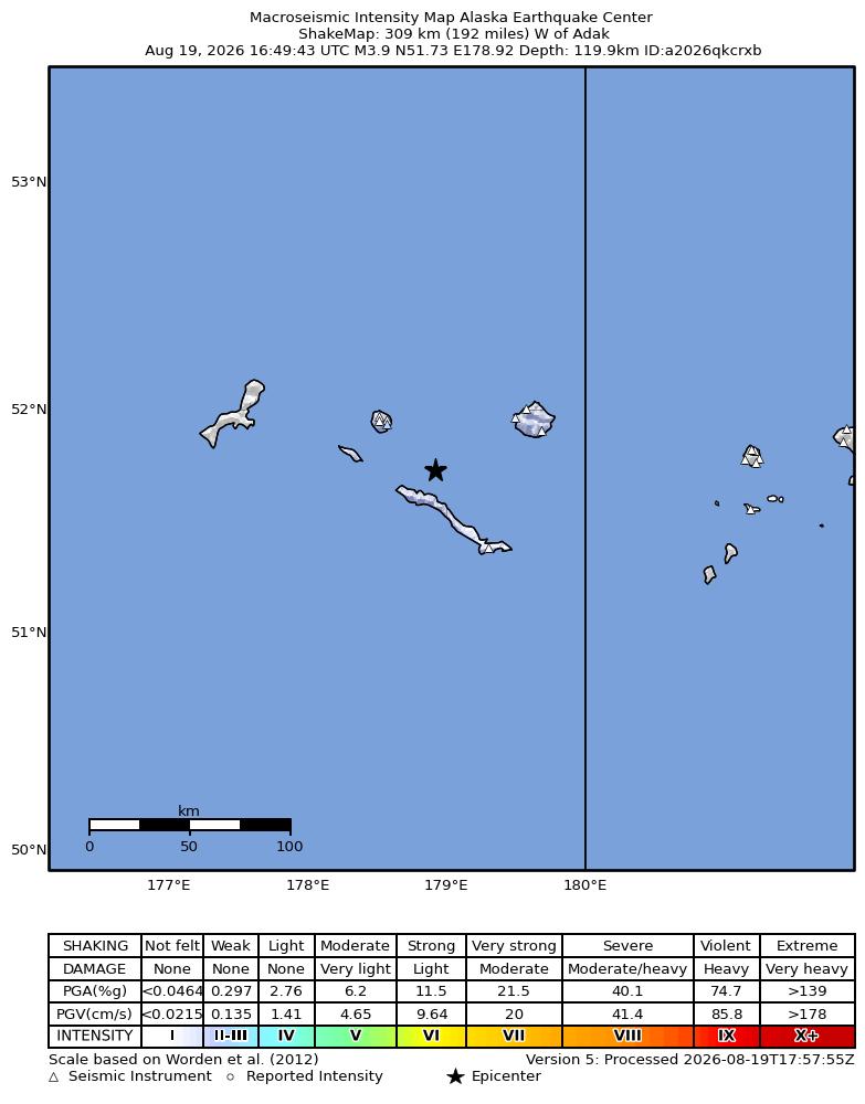 USGS ShakeMap intensity contours for the M3.9 earthquake near Rat Islands, Aleutian Islands, Alaska