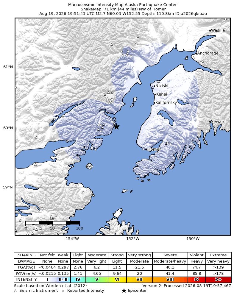 USGS ShakeMap intensity contours for the M3.7 earthquake near 45 km W of Happy Valley, Alaska