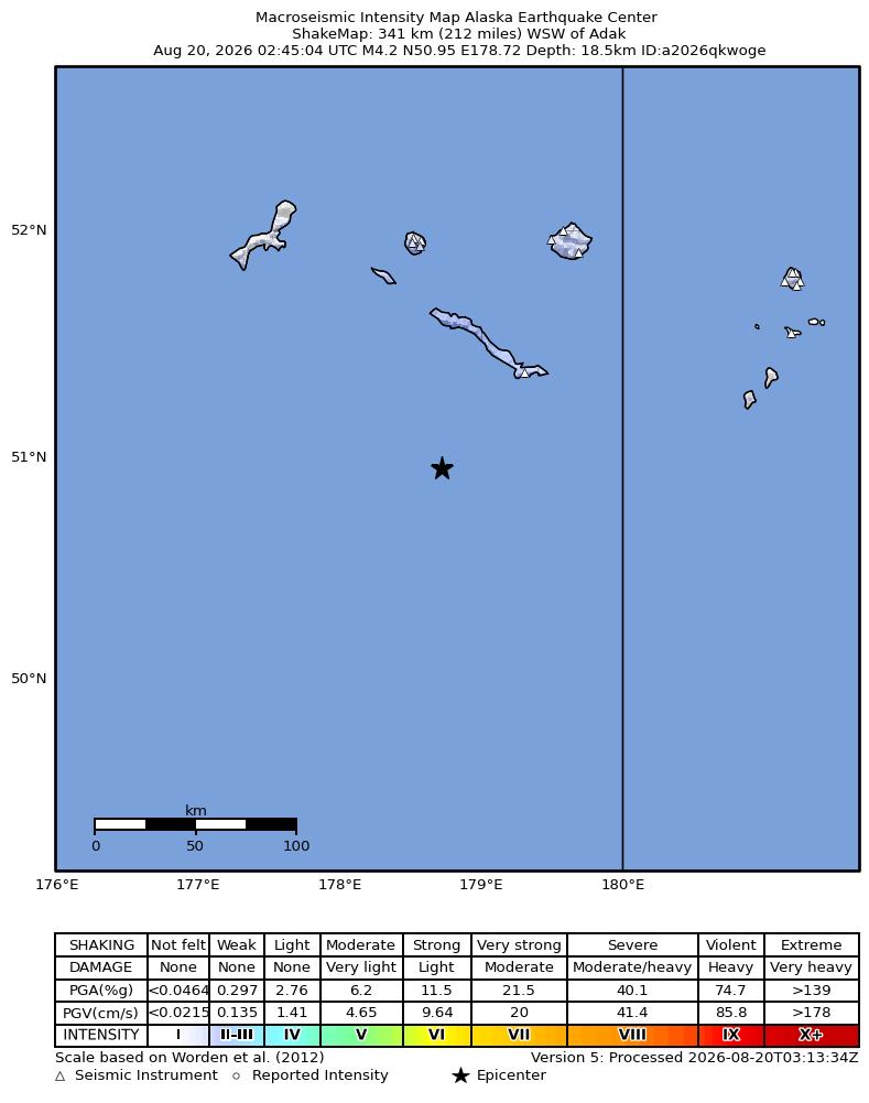 USGS ShakeMap intensity contours for the M4.2 earthquake near Rat Islands, Aleutian Islands, Alaska