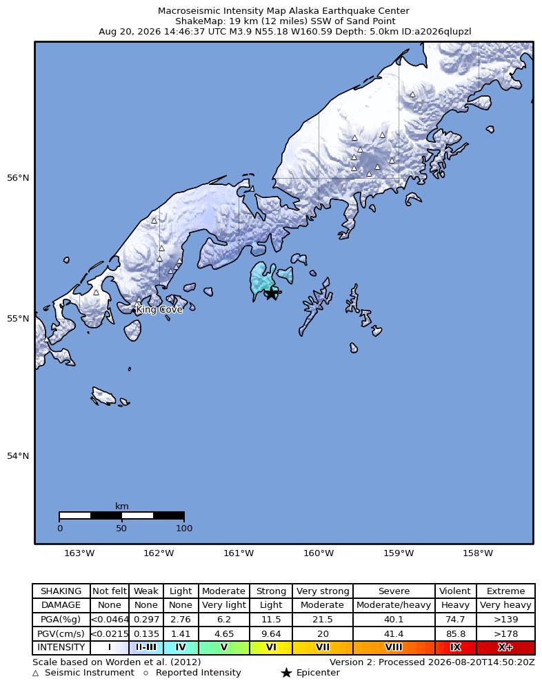 USGS ShakeMap intensity contours for the M3.7 earthquake near 7 km SW of Sand Point, Alaska