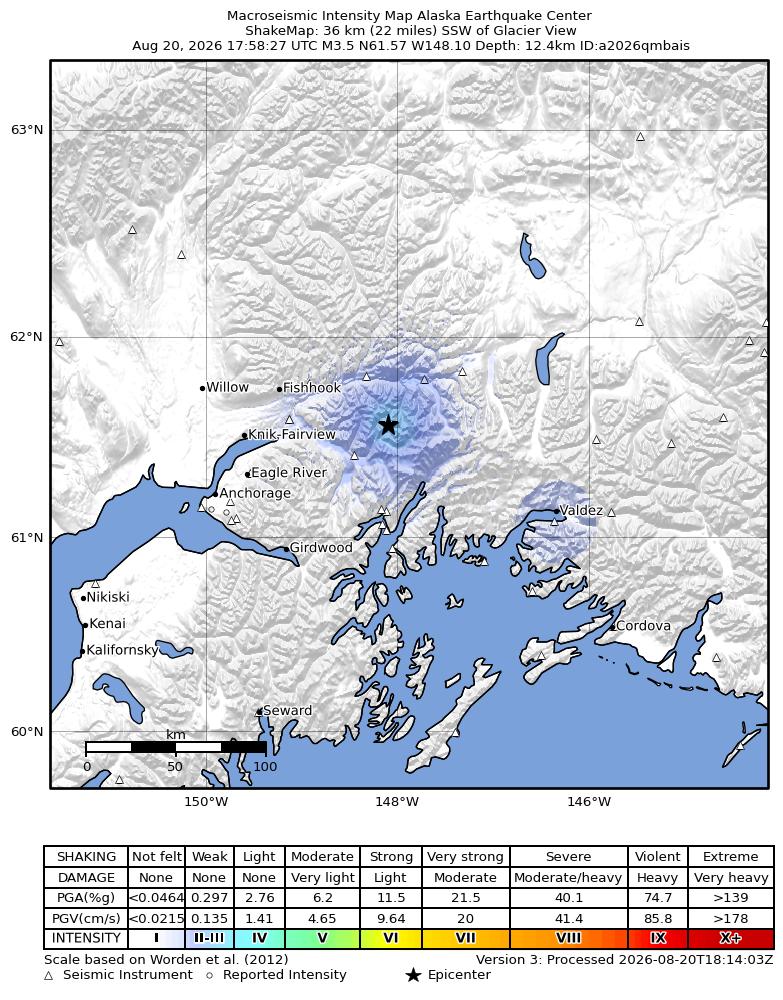USGS ShakeMap intensity contours for the M3.5 earthquake near 31 km SE of Chickaloon, Alaska