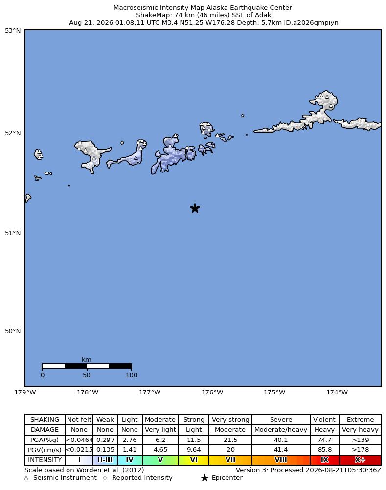 USGS ShakeMap intensity contours for the M3.4 earthquake near 73 km SSE of Adak, Alaska