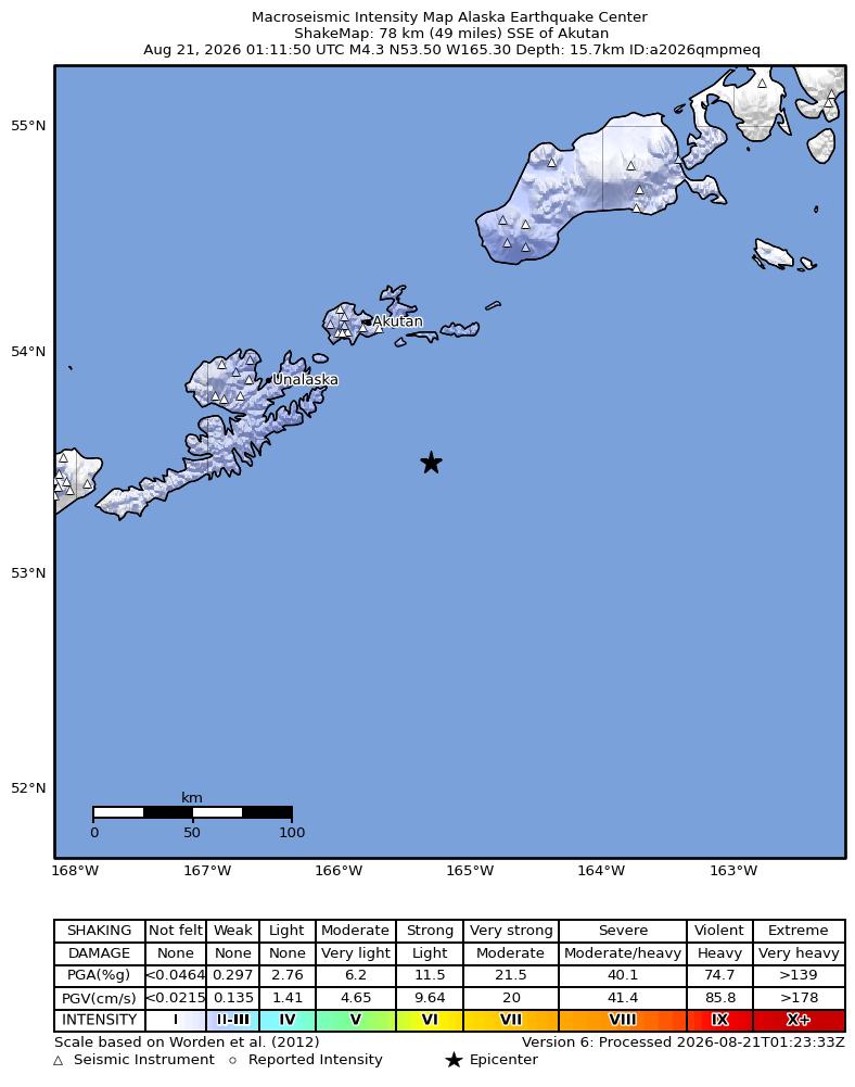 USGS ShakeMap intensity contours for the M4.3 earthquake near 73 km SSE of Akutan, Alaska