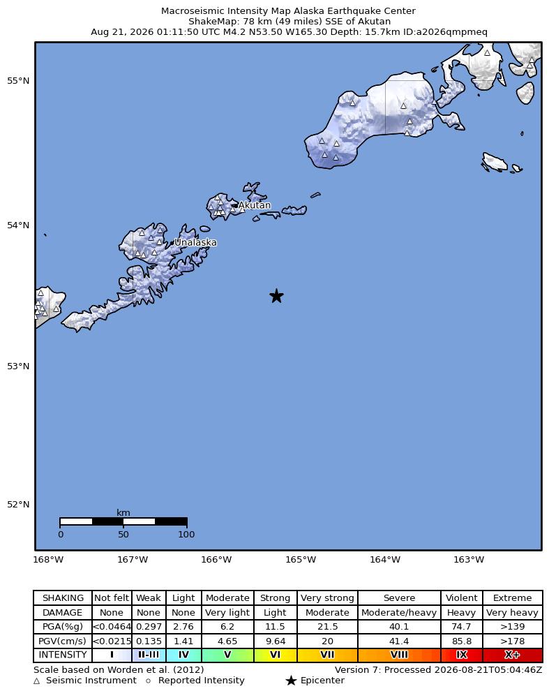 USGS ShakeMap intensity contours for the M4.3 earthquake near 73 km SSE of Akutan, Alaska