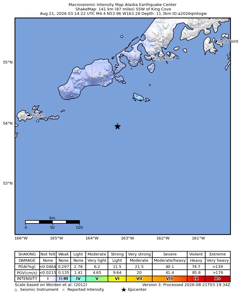 USGS ShakeMap intensity contours for the M4.2 earthquake near 100 km S of False Pass, Alaska