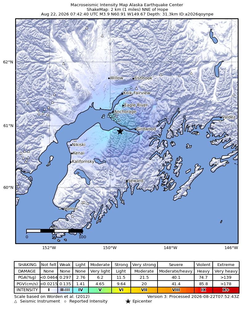 USGS ShakeMap intensity contours for the M3.9 earthquake near 1 km WSW of Hope, Alaska