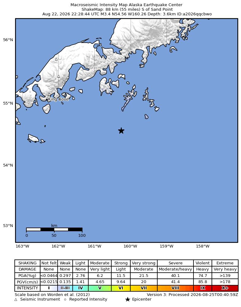 USGS ShakeMap intensity contours for the M3.4 earthquake near 87 km S of Sand Point, Alaska