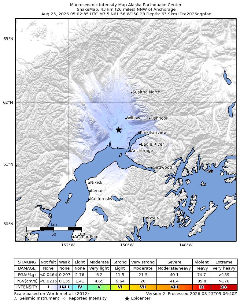 USGS ShakeMap intensity contours for the M3.5 earthquake near 12 km E of Susitna, Alaska