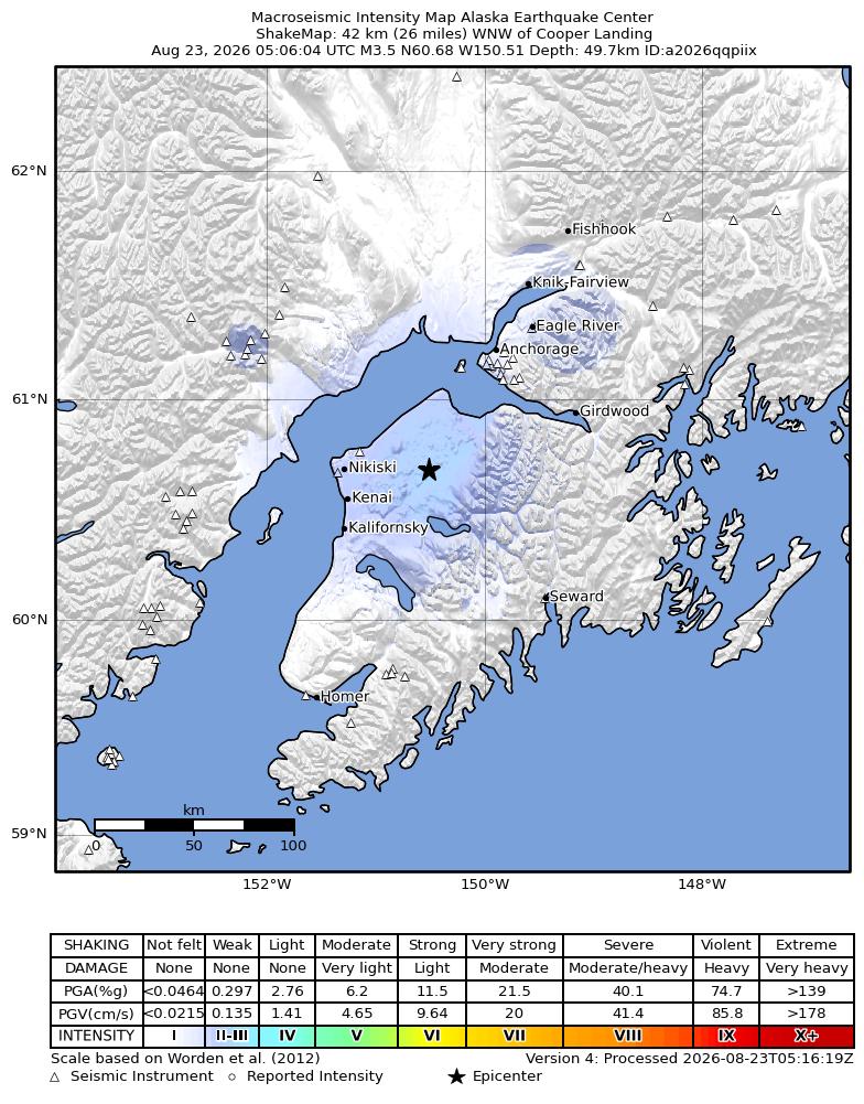 USGS ShakeMap intensity contours for the M3.5 earthquake near 21 km NE of Sterling, Alaska