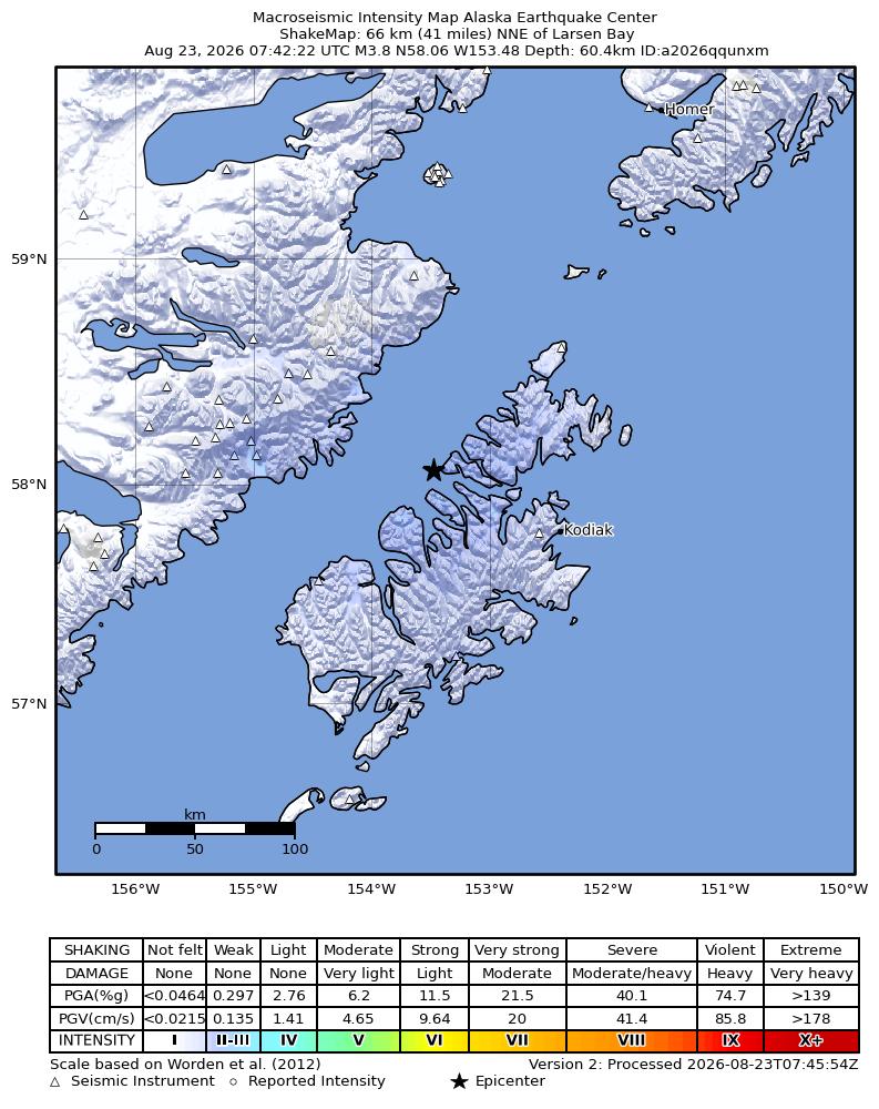 USGS ShakeMap intensity contours for the M3.8 earthquake near 33 km W of Aleneva, Alaska