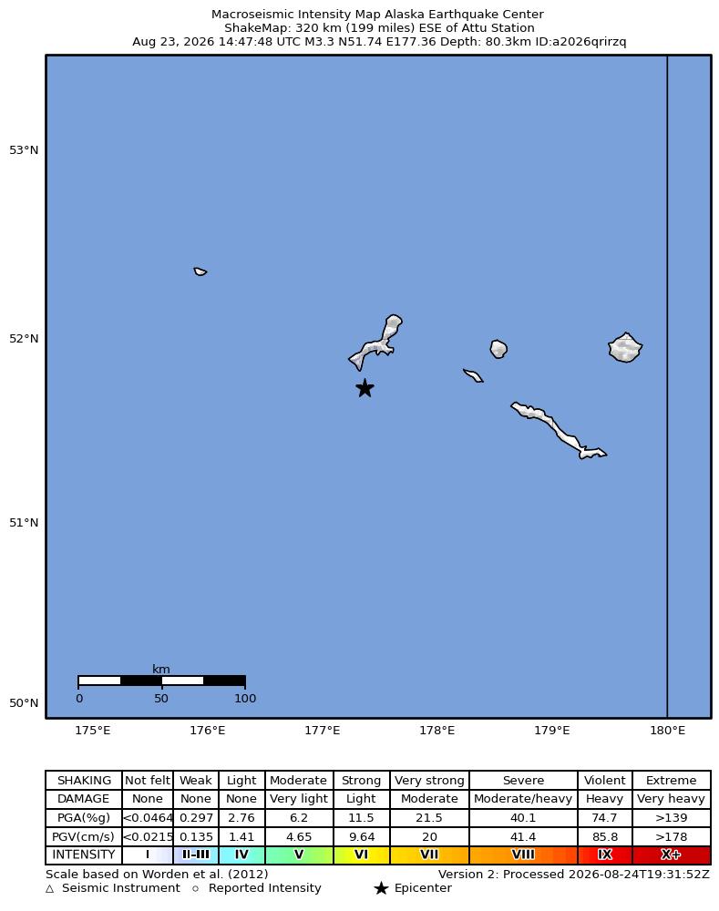 USGS ShakeMap intensity contours for the M3.3 earthquake near Rat Islands, Aleutian Islands, Alaska