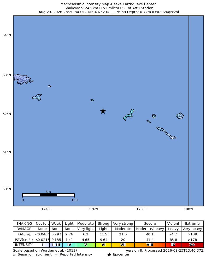 USGS ShakeMap intensity contours for the M5.0 earthquake near 239 km ESE of Attu Station, Alaska