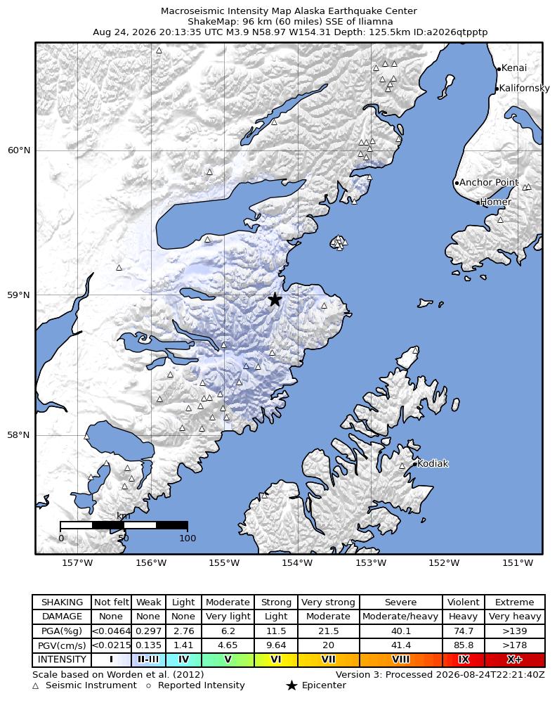 USGS ShakeMap intensity contours for the M3.9 earthquake near 58 km SSE of Kokhanok, Alaska